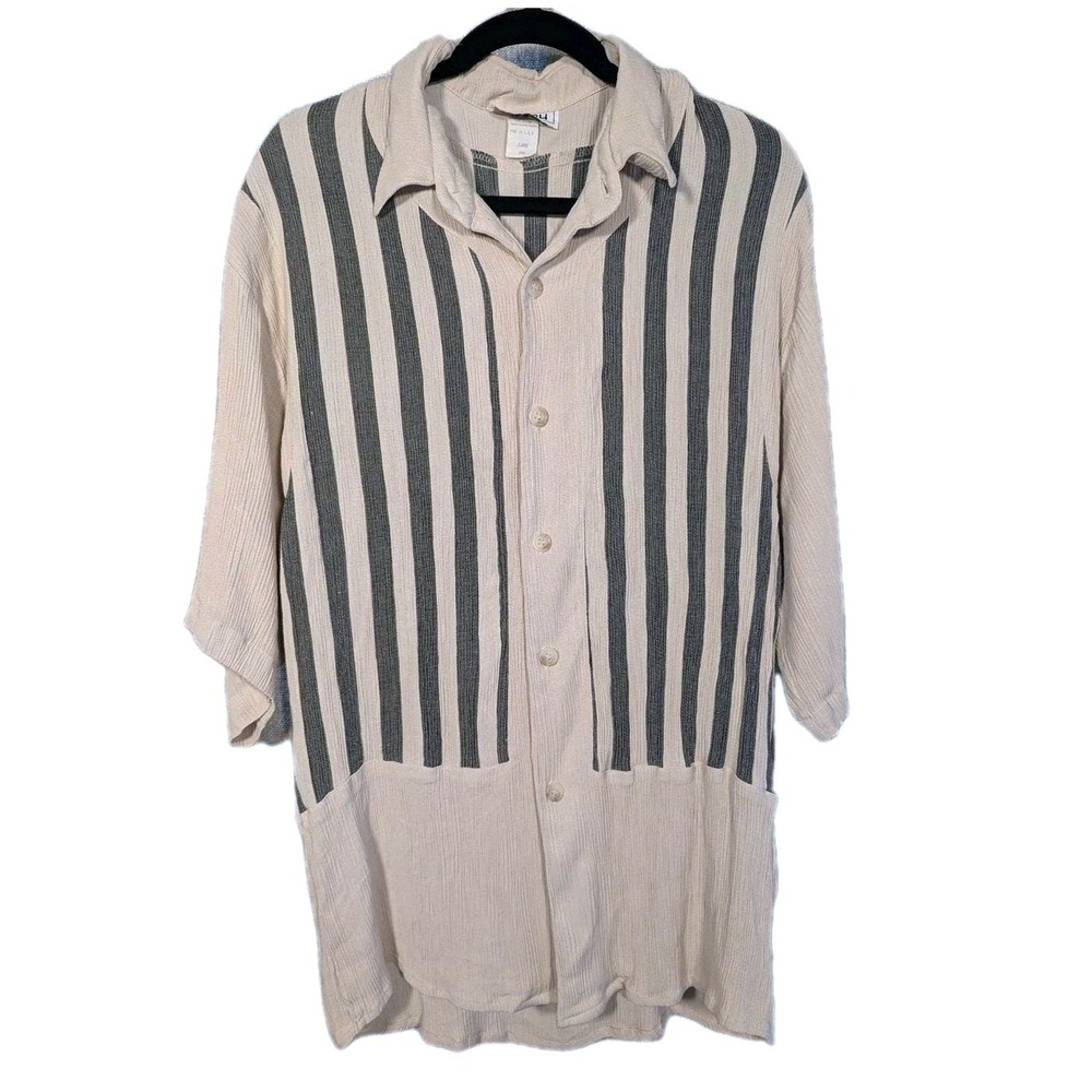 XL 90s Vtg USA Linen Blend Striped Shirt Retro Cabana Texture Resort Camp